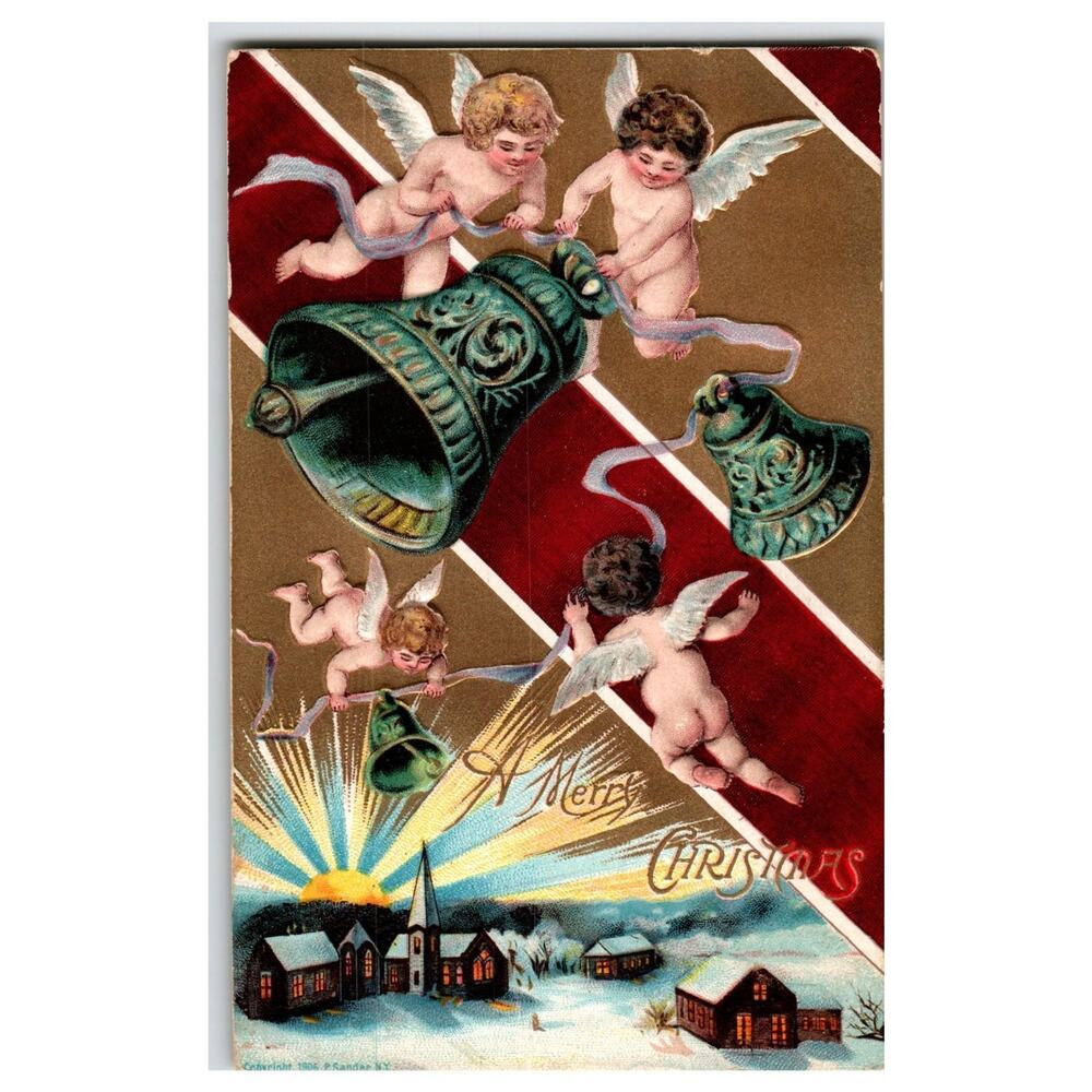 1905 Christmas Angels Cherubs Bells Winter Village Embossed Postcard